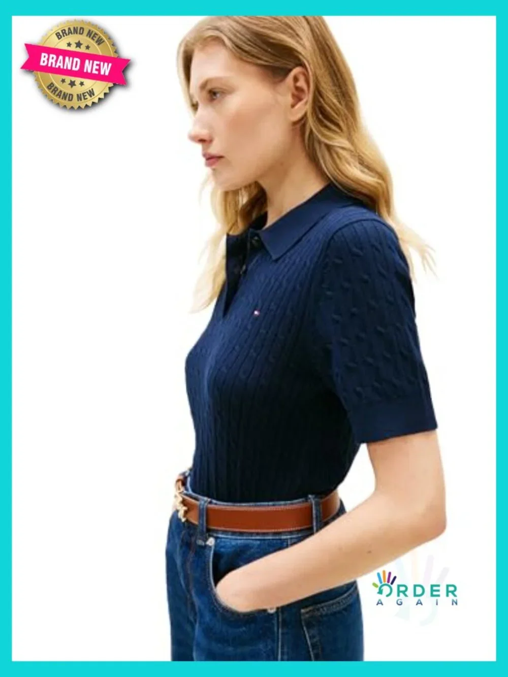 Short Sleeve Cable Knit Polo Sweater V Neck Preppy Classic - Picture 2 of 5